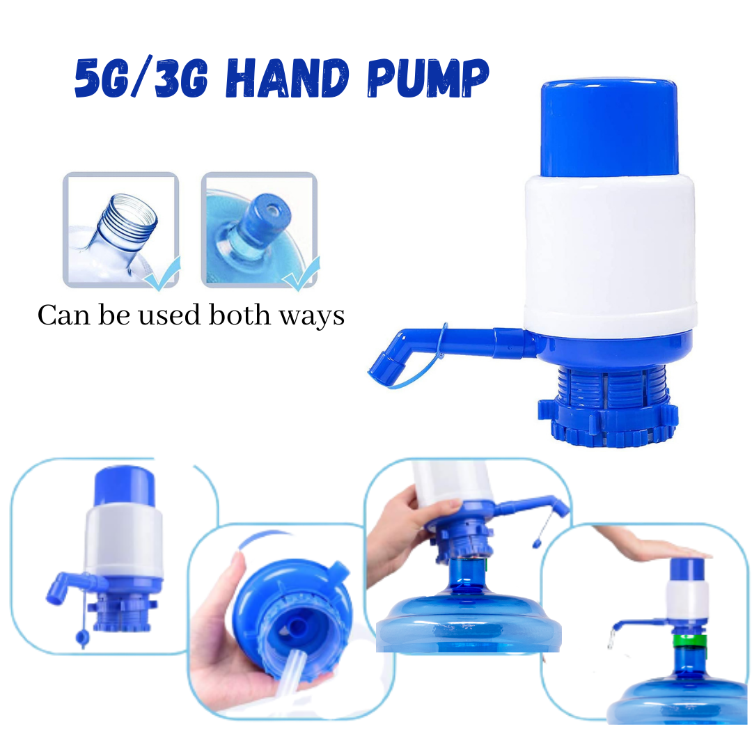 Hand pump dispenser attached to 5-gallon water bottle