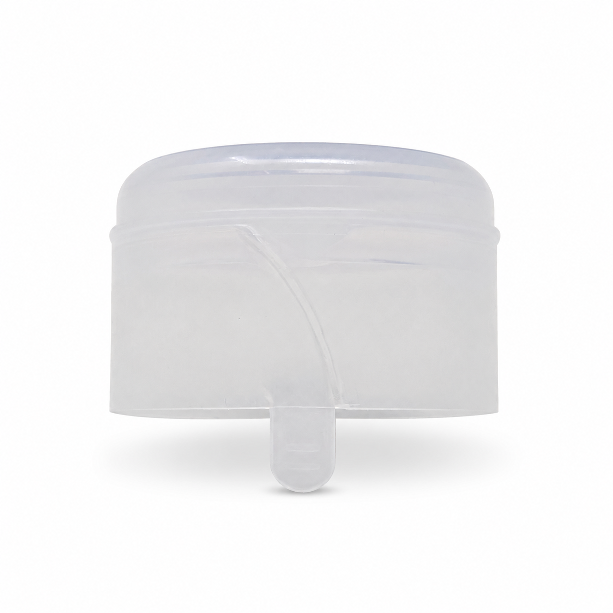 Non-Spill clear water bottle cap — side profile showing lift-to-remove tab